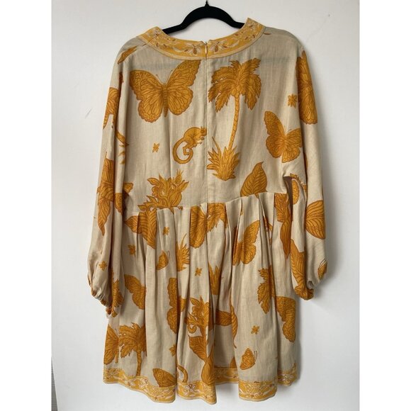Banana Republic Linen Blend Mini Dress Yellow Beige Tropical Print Size 10 Pocke - Picture 3 of 7